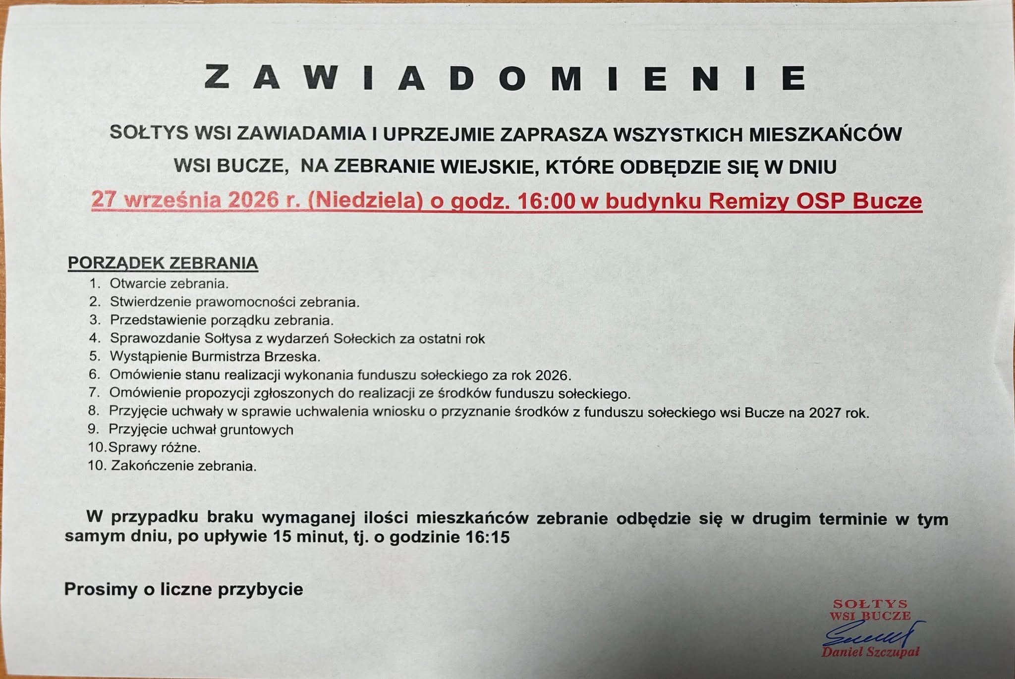 Zebranie wiejskie – 27.09.2026&nbsp;r.
